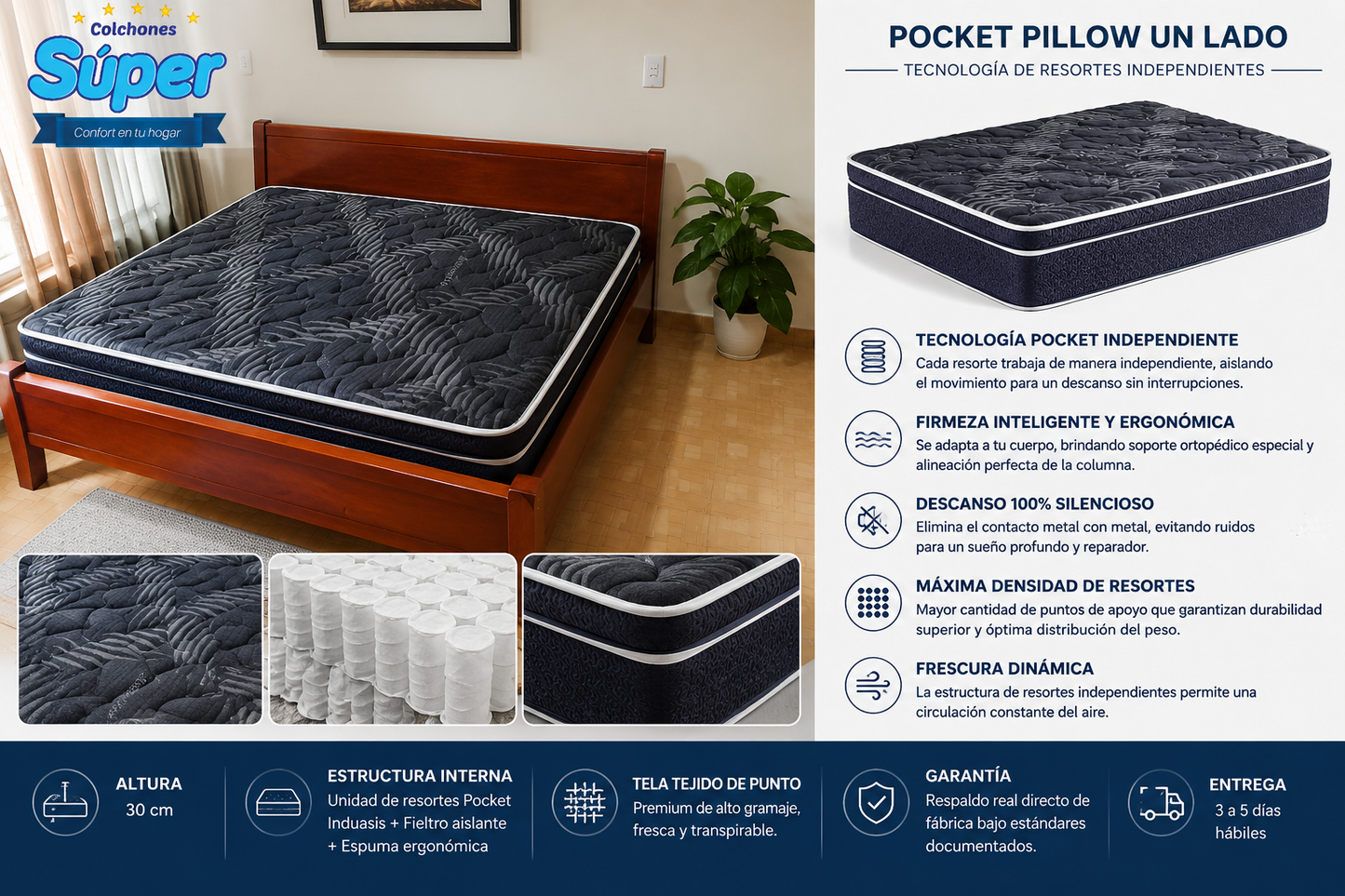 Colchon Ortopedico Pocket Pillow Top Un Lado Summer